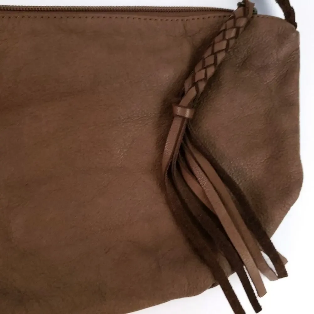 J. Jill Leather Hobo Purse Shoulder Bag Brown 100% Leather Braided Strap, Tassel